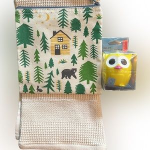 Woodland gift set: 60-minute owl timer/cabin in woods snack bag/2 waffle towels